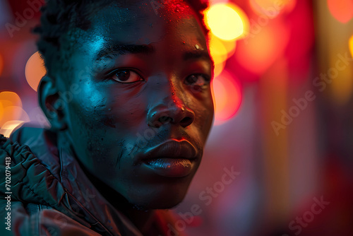 Young black man sitting looking towards the sky on blue light