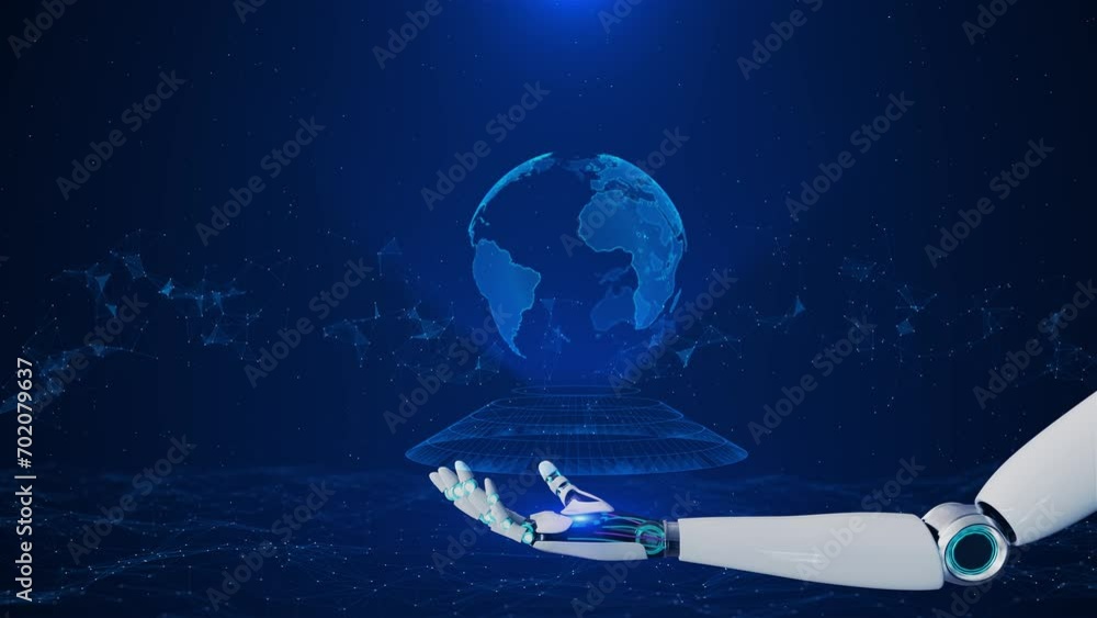 Robot Hand HUD global world map, global wireframe polygonal lines social networks, Hologram Cyberspace Structure Virtual planet Earth big data. Planet earth digital business technology concept. 3D 4K Robot Hand HUD global world map, global wireframe polygonal lines social networks, Hologram Cyberspace Structure Virtual planet Earth big data. Planet earth digital business technology concept. 3D 4K