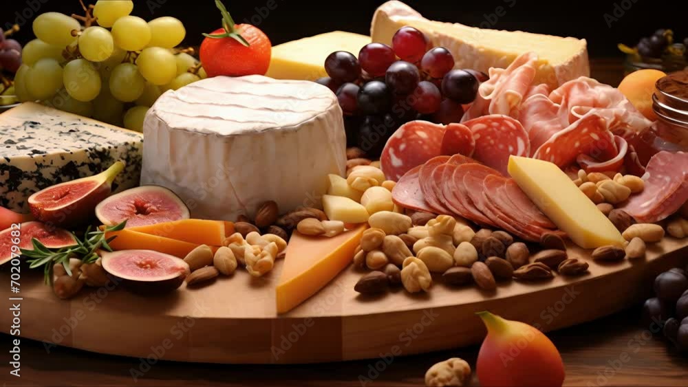 Closeup of a charerie board, displaying a variety of meats, cheeses, and fruits, arranged in a visually appealing pattern. Closeup of a charerie board, displaying a variety of meats, cheeses, and fruits, arranged in a visually appealing pattern.