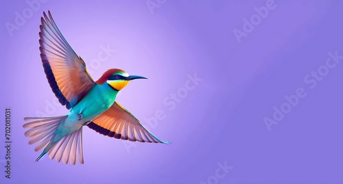 Flying hummingbird isolated on pourple background Small multicolor bird in flight, generative ai