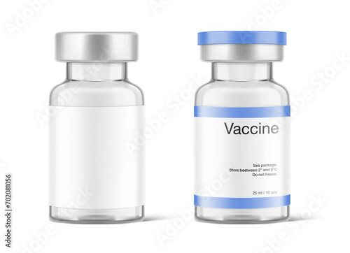 Transparent glass bottles for injections mockup. Vector illustration isolated on white background. Can be use for medicine, cosmetic and other. Ready for your design. EPS10.
