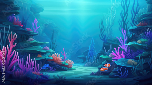 Underwater sea bottom, coral reefs landscape illustration in cartoon style. Scenery background
