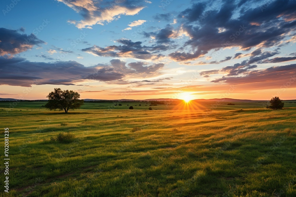 a sunset over a field of grass a sunset over a field of grass