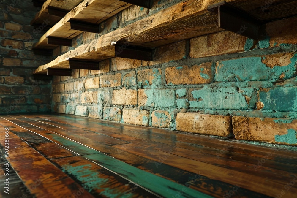 Obraz premium a wood shelf on a brick wall