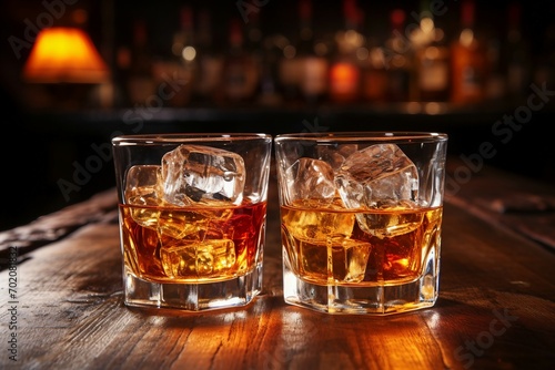 two glasses of alcohol with ice on a table