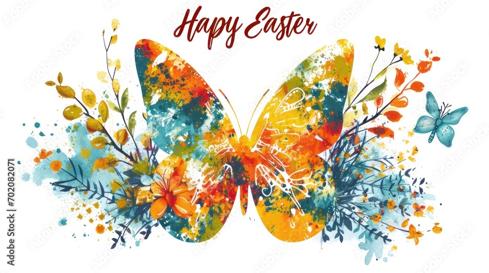 Happy Easter message embodied within a vibrantly colored butterfly, surrounded by spring flora, exuding festive joy.