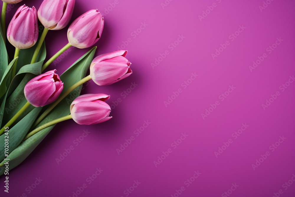 Bunch of pink tulip spring flowers on side of purple background with copy space Bunch of pink tulip spring flowers on side of purple background with copy space