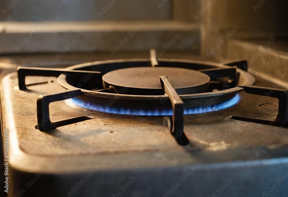Obraz premium The gas burner on the dirty stove is on. Fire from a gas burner. blue flame from the gas stove comcorder. Dirty stove.