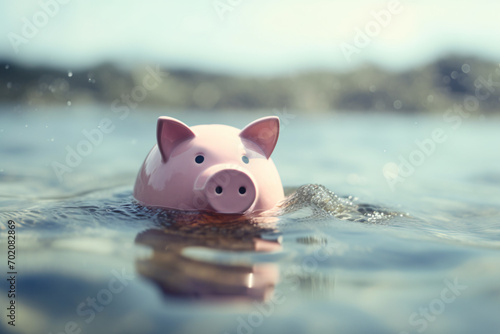 Pink piggy bank drowning in water. Concept for recession