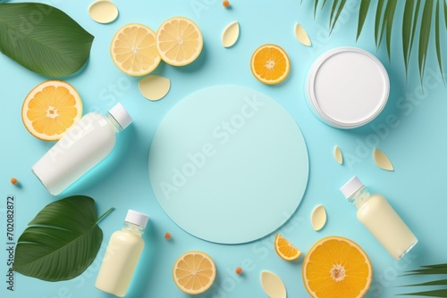 Creative summer skincare concept. Top view flat lay of mock up cream bottles, jars, serum, pipette with citrus fruit slices and flowers on a trendy pastel blue background, Generative AI