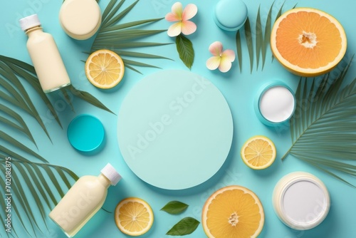 Creative summer skincare concept. Top view flat lay of mock up cream bottles, jars, serum, pipette with citrus fruit slices and flowers on a trendy pastel blue background, Generative AI