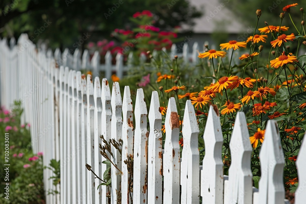 a white picket fence with orange flowers