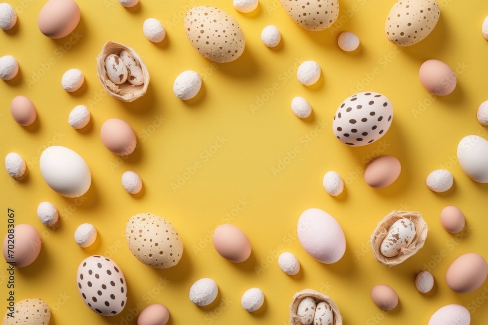 Easter decor concept. Top view photo of light pink white and gold quail eggs on isolated yellow background with copyspace in the middle, Generative AI Easter decor concept. Top view photo of light pink white and gold quail eggs on isolated yellow background with copyspace in the middle, Generative AI