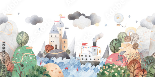 Cute landscape with sea, cute hills, mountains, beautiful old castle, big trees and animals. Watercolor illustration. Seamless pattern.