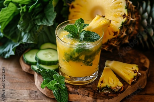 a glass of juice with slices of fruit and cucumber on a wooden surface photo