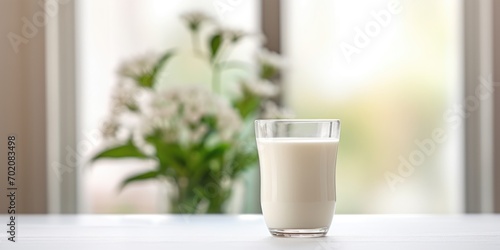 A glass glass with milk stands on a marble table with a bouquet of flowers. World Milk Day