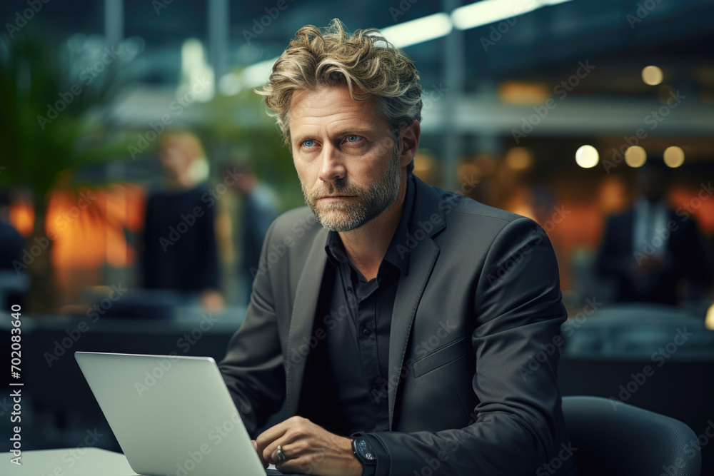 Obraz premium An aged man is working with a laptop in a public place
