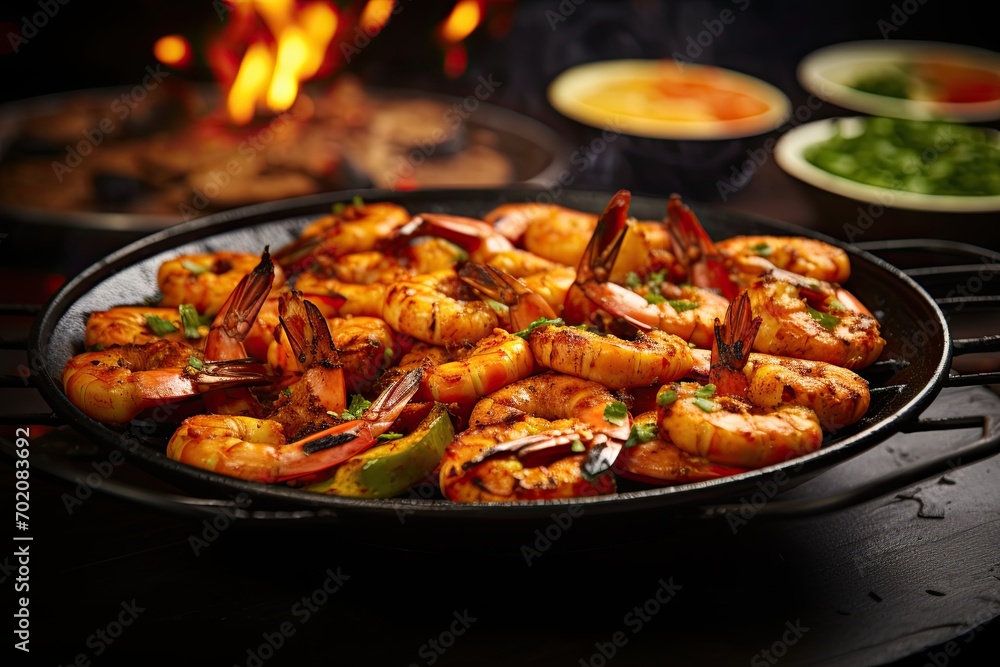 Shrimp on a background of seafood Tikka, grilled Shrimp on a background of seafood Tikka, grilled