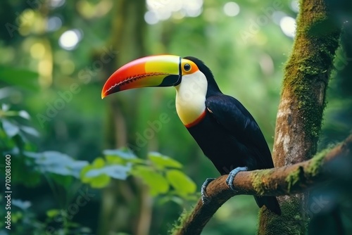 Toucan sits on a branch in the forest, green vegetation