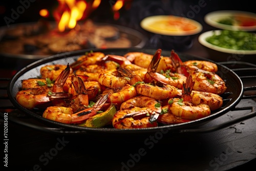 Shrimp on a background of seafood Tikka, grilled