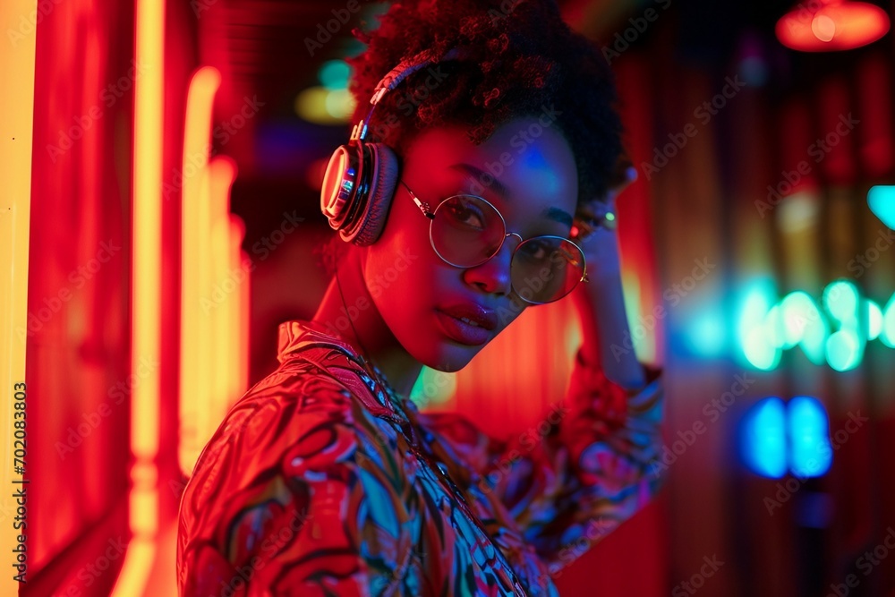 a woman wearing headphones and posing for a picture