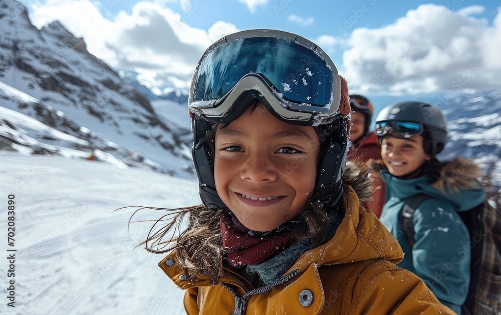 boy skier with friends with Ski goggles and Ski helmet on the snow mountain boy skier with friends with Ski goggles and Ski helmet on the snow mountain