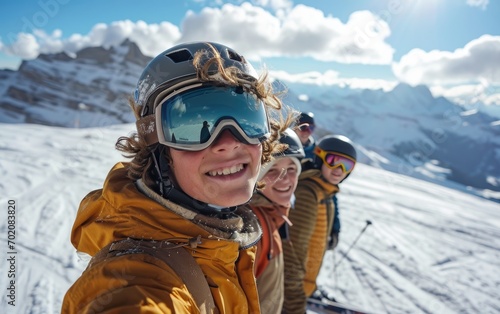 boy skier with friends with Ski goggles and Ski helmet on the snow mountain