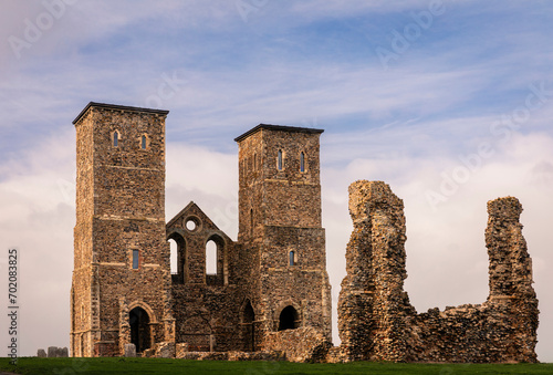 The church ruins of the Reculver Towers near Herne Bay on the north east coast of Kent south east England UK photo