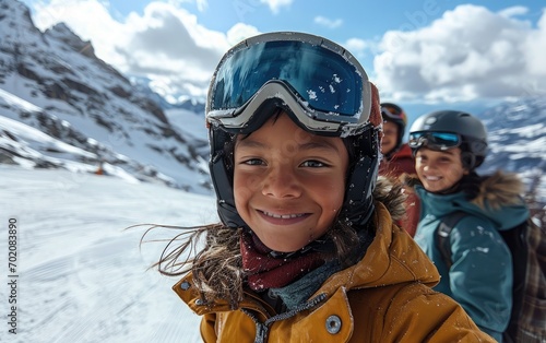 boy skier with friends with Ski goggles and Ski helmet on the snow mountain