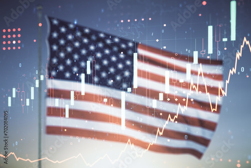 Double exposure of virtual creative financial diagram on US flag and blue sky background, banking and accounting concept