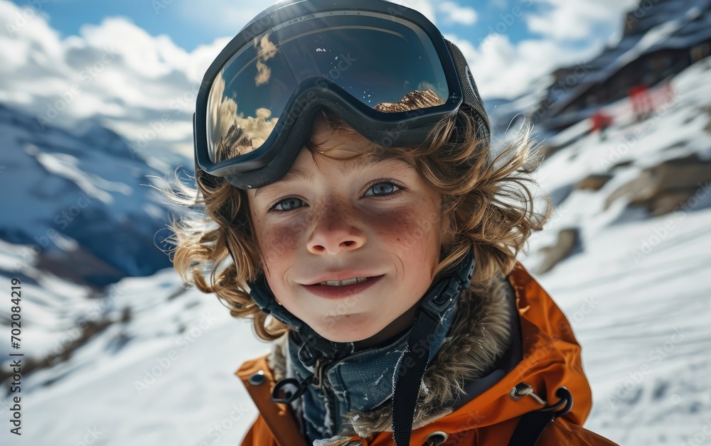 boy skier with Ski goggles and Ski helmet on the snow mountain boy skier with Ski goggles and Ski helmet on the snow mountain