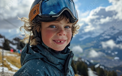 boy skier with Ski goggles and Ski helmet on the snow mountain © hakule