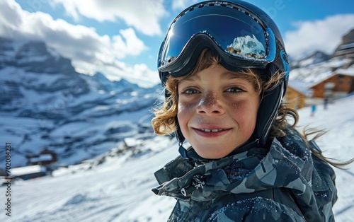 boy skier with Ski goggles and Ski helmet on the snow mountain © hakule