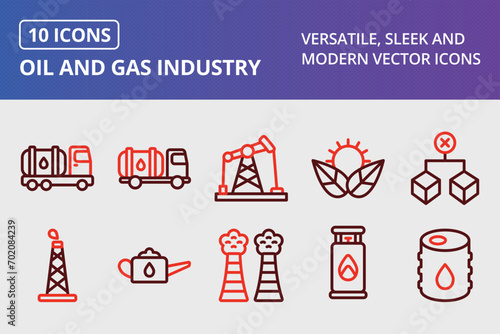 Oil and Gas Industry Thick Line Two Colors Icons Set