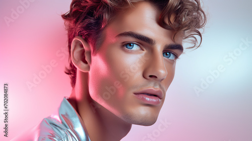 Young Male Model Posing in a Studio Against a Pink Background With Expressive Look