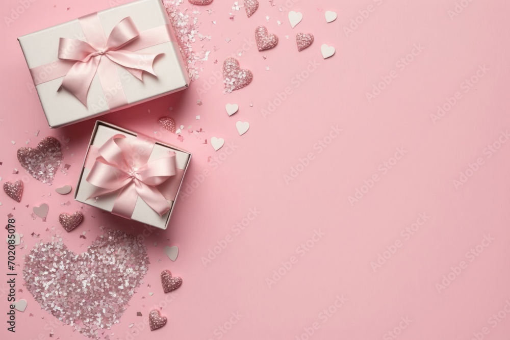 Top view photo of white gift boxes with pink bows silver decorative hearts sequins and heart shaped confetti on isolated pastel pink background with empty, Generative AI Top view photo of white gift boxes with pink bows silver decorative hearts sequins and heart shaped confetti on isolated pastel pink background with empty, Generative AI
