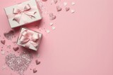 Top view photo of white gift boxes with pink bows silver decorative hearts sequins and heart shaped confetti on isolated pastel pink background with empty, Generative AI