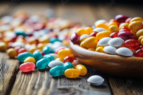 a bowl of pills on a table photo