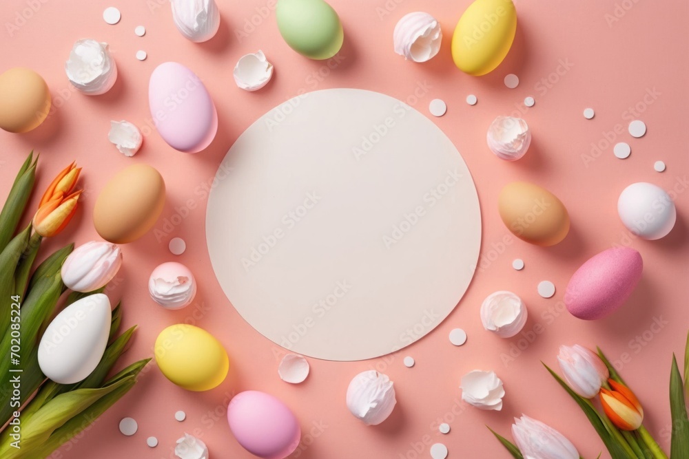 Easter concept. Top view photo of empty circle colorful eggs easter bunny ears backing molds carrots and sprinkles on isolated pastel pink background with empty, Generative AI Easter concept. Top view photo of empty circle colorful eggs easter bunny ears backing molds carrots and sprinkles on isolated pastel pink background with empty, Generative AI
