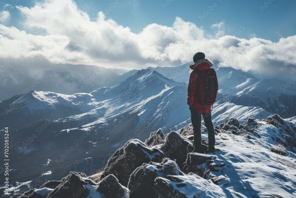 Sunrise triumph: A happy man reaches new heights, standing tall on a mountain summit, embracing the morning glow. Sunrise triumph: A happy man reaches new heights, standing tall on a mountain summit, embracing the morning glow.