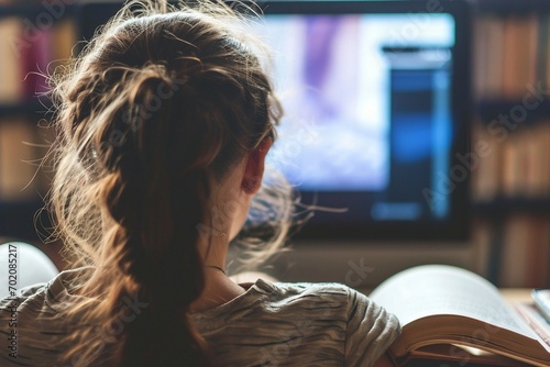 a woman sitting in front of a television