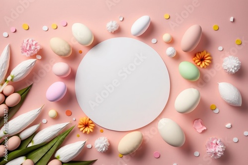 Easter concept. Top view photo of empty circle colorful eggs easter bunny ears backing molds carrots and sprinkles on isolated pastel pink background with empty, Generative AI