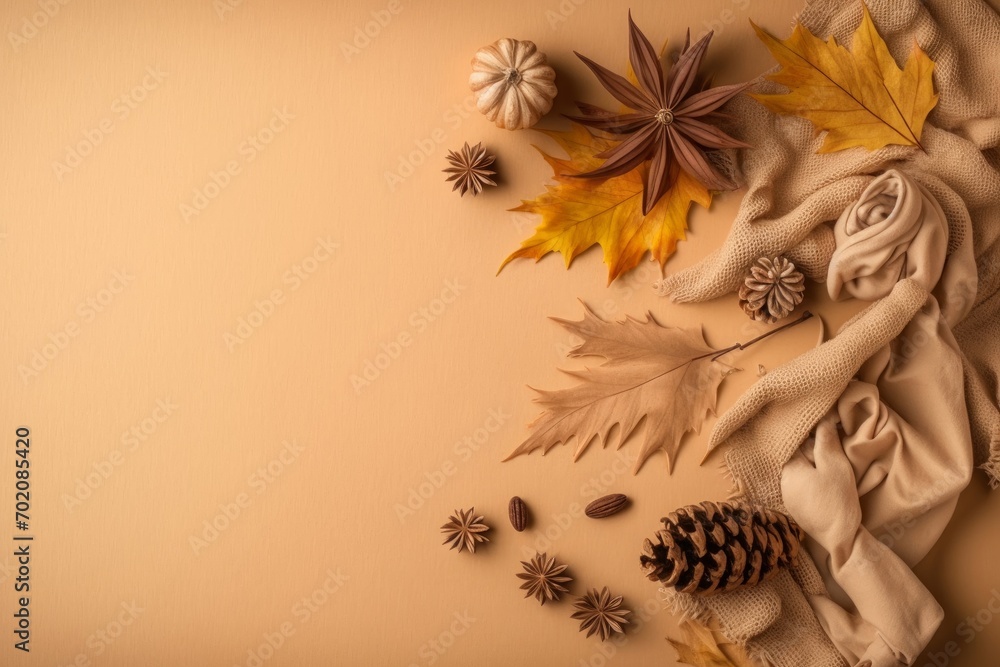 Autumn aesthetic concept. Top view photo of yellow maple leaves cinnamon sticks anise pine cones and scarf on isolated beige background with empty, Generative AI Autumn aesthetic concept. Top view photo of yellow maple leaves cinnamon sticks anise pine cones and scarf on isolated beige background with empty, Generative AI