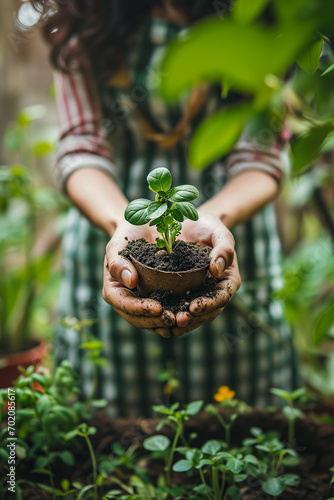 woman holding a green seedling growing in soil Sustainable female farmer in garden
