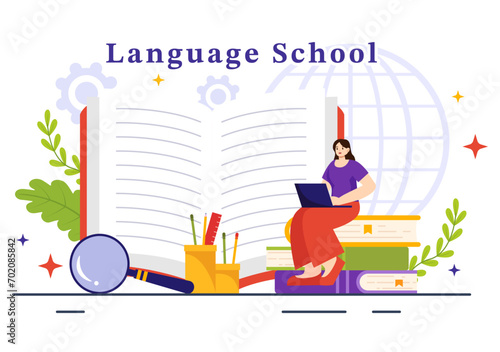 Language School Vector Illustration of Online Learning, Courses, Training Program and Study Foreign Hallo Languages Abroad in Flat Background