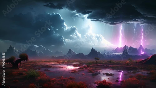 Witness a desert transformed into a vibrant oasis by a powerful rainmaker, whose mystical dance ensues an eternal downpour of colorful showers. photo