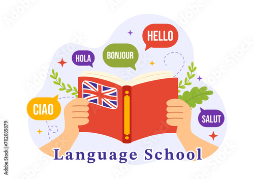 Language School Vector Illustration of Online Learning, Courses, Training Program and Study Foreign Hallo Languages Abroad in Flat Background