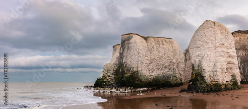 The distinctive sea stacks and chalk cliffs at Botany Bay Broadstairs on the coast of north east Kent south east England UK