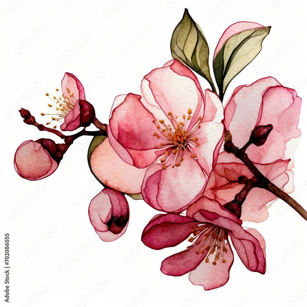 Fototapeta premium Watercolor alcohol ink macro cherry blossoms on a white background