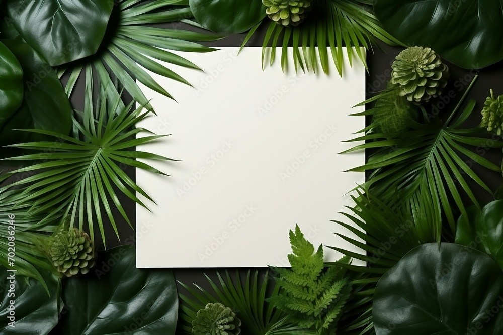 a white square with green leaves around it